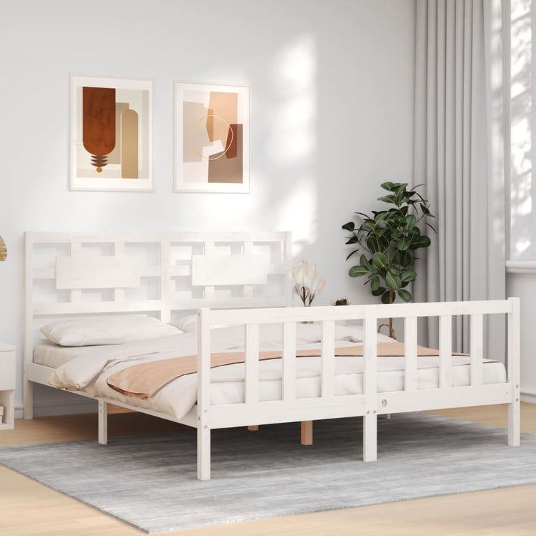 Bedframe met hoofdbord massief hout wit 160x200 cm