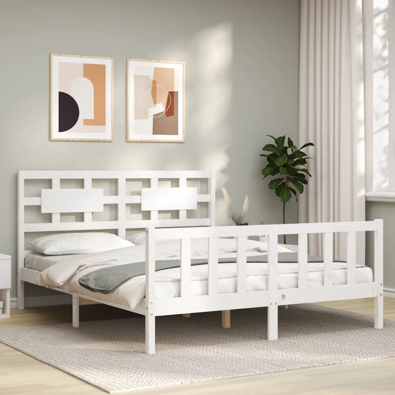 Bedframe met hoofdbord massief hout wit 160x200 cm