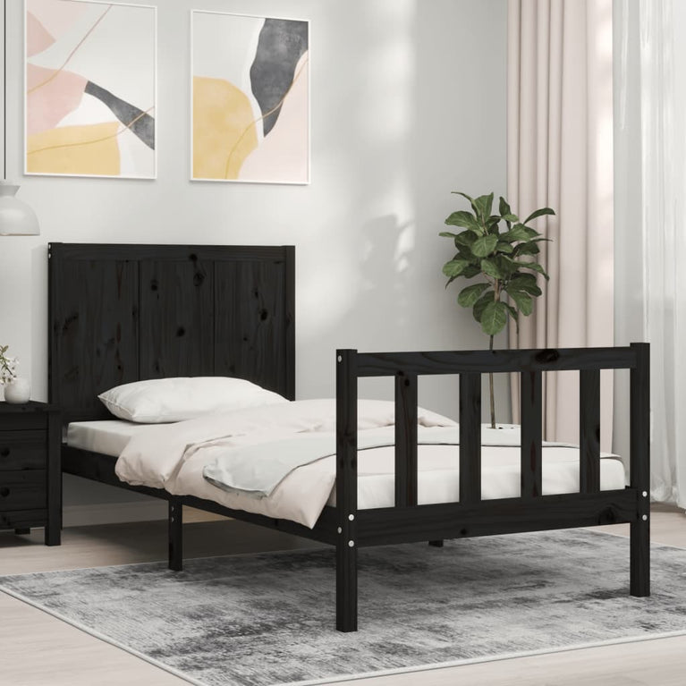 Bedframe met hoofdbord massief hout zwart 3FT Single