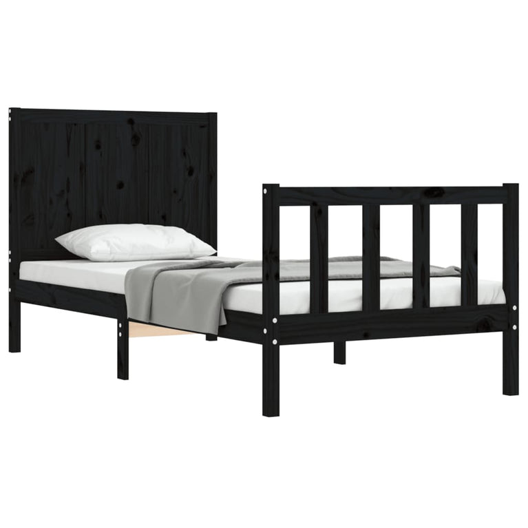 Bedframe met hoofdbord massief hout zwart 3FT Single