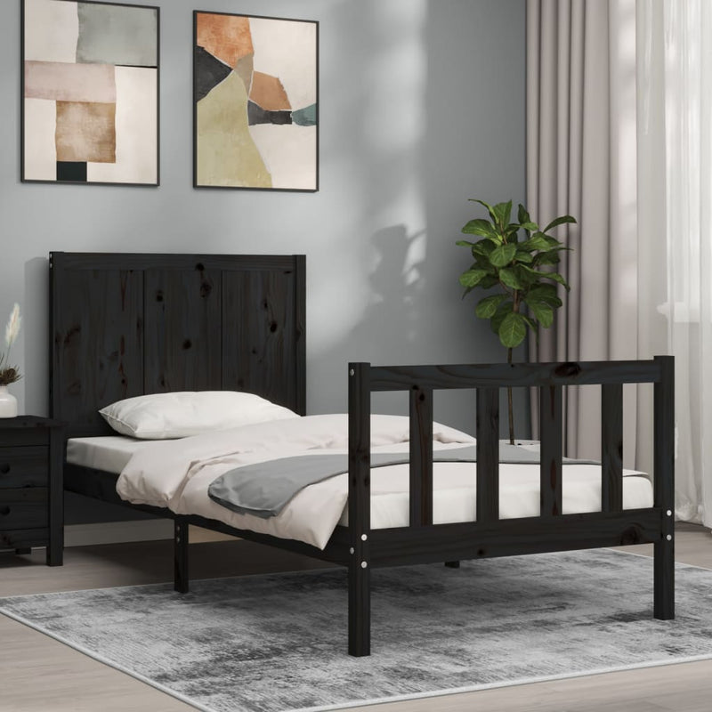 Bedframe met hoofdbord massief hout zwart 3FT Single