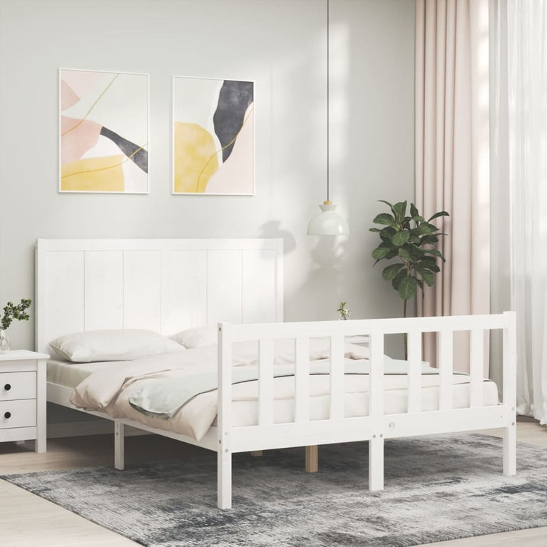 Bedframe met hoofdbord massief hout wit 140x190 cm