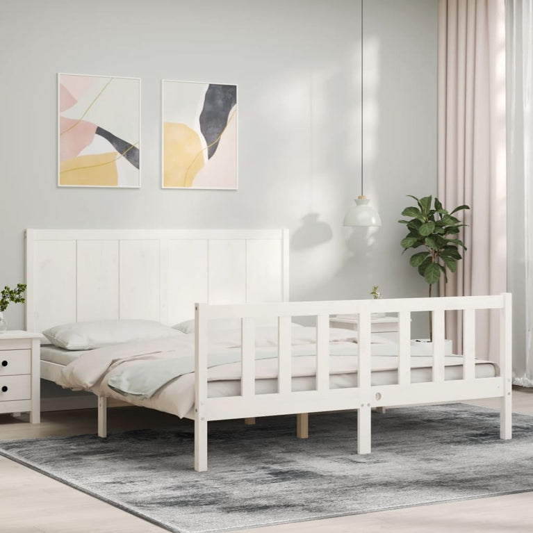 Bedframe met hoofdbord massief hout wit 160x200 cm