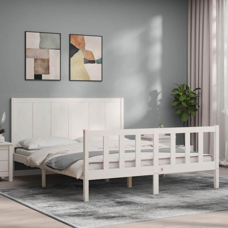 Bedframe met hoofdbord massief hout wit 160x200 cm
