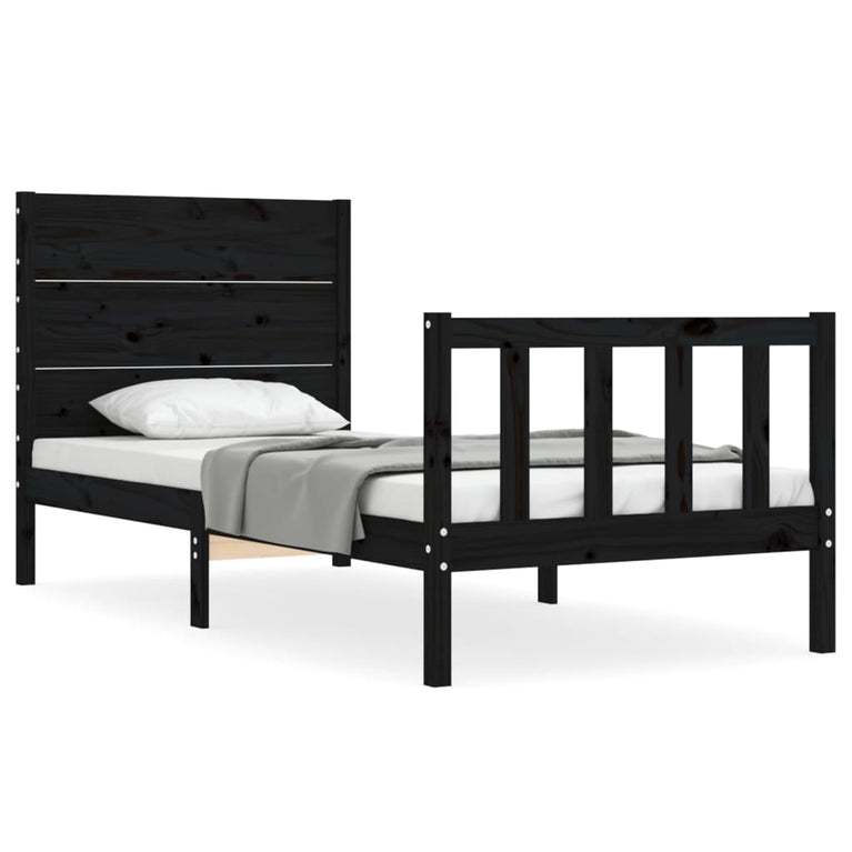 Bedframe met hoofdbord massief hout zwart 3FT Single