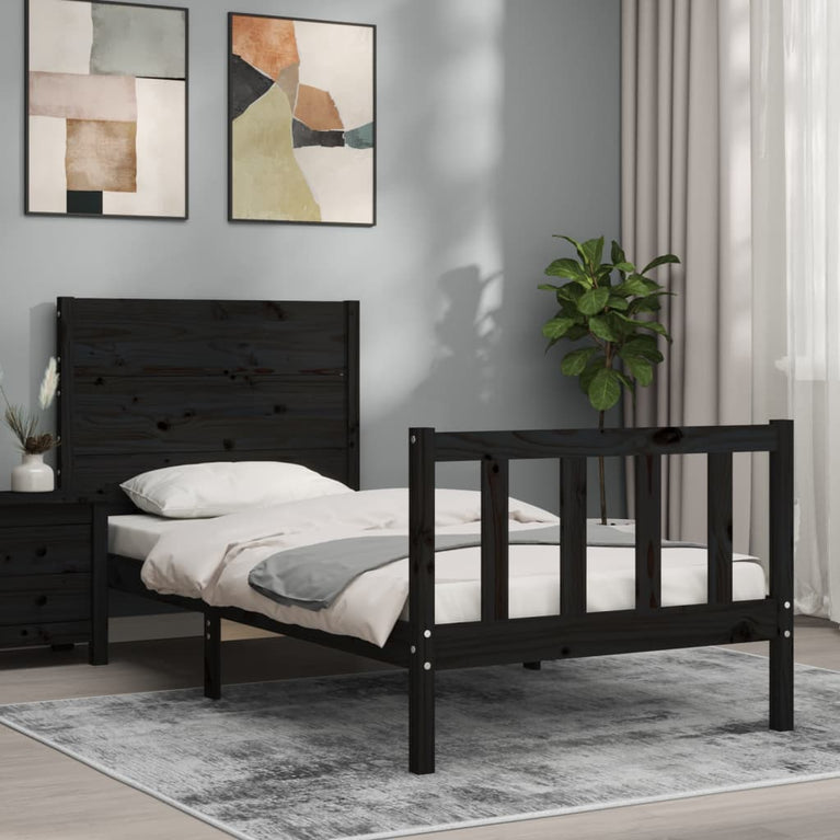 Bedframe met hoofdbord massief hout zwart 3FT Single