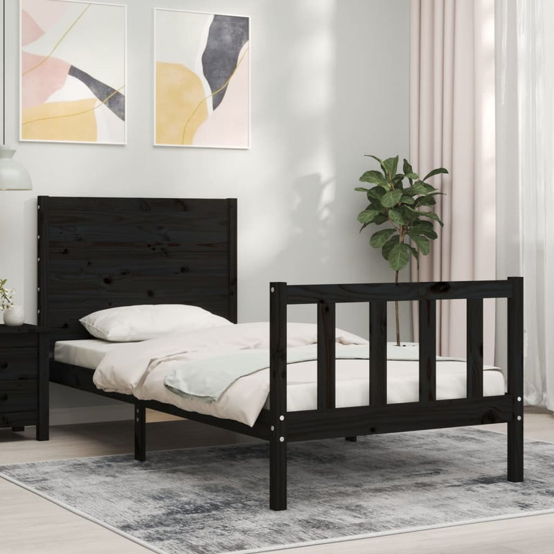 Bedframe met hoofdbord massief hout zwart 3FT Single