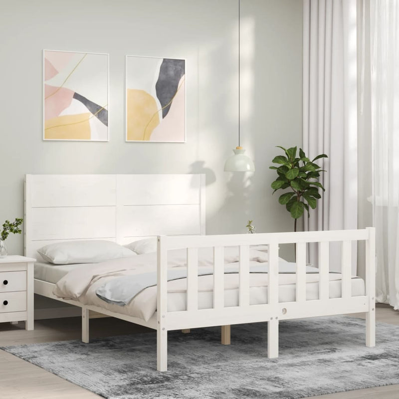 Bedframe met hoofdbord massief hout wit 140x190 cm