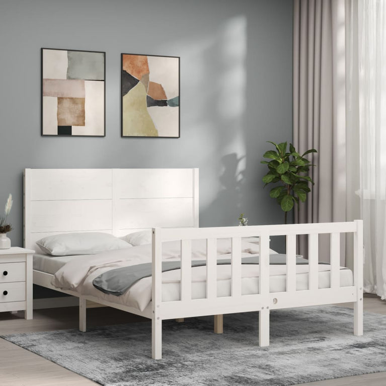Bedframe met hoofdbord massief hout wit 140x200 cm
