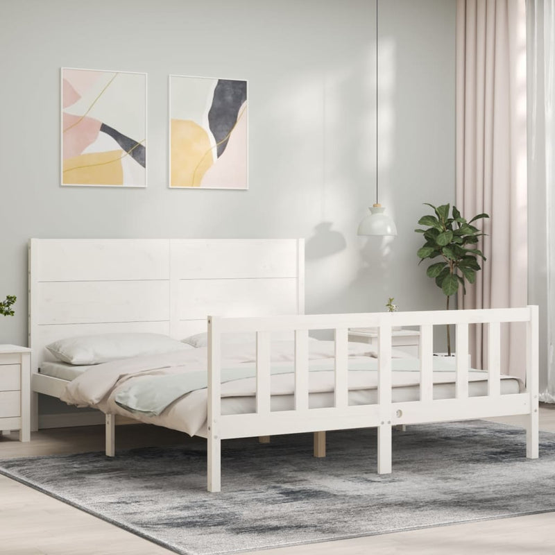 Bedframe met hoofdbord massief hout wit 160x200 cm