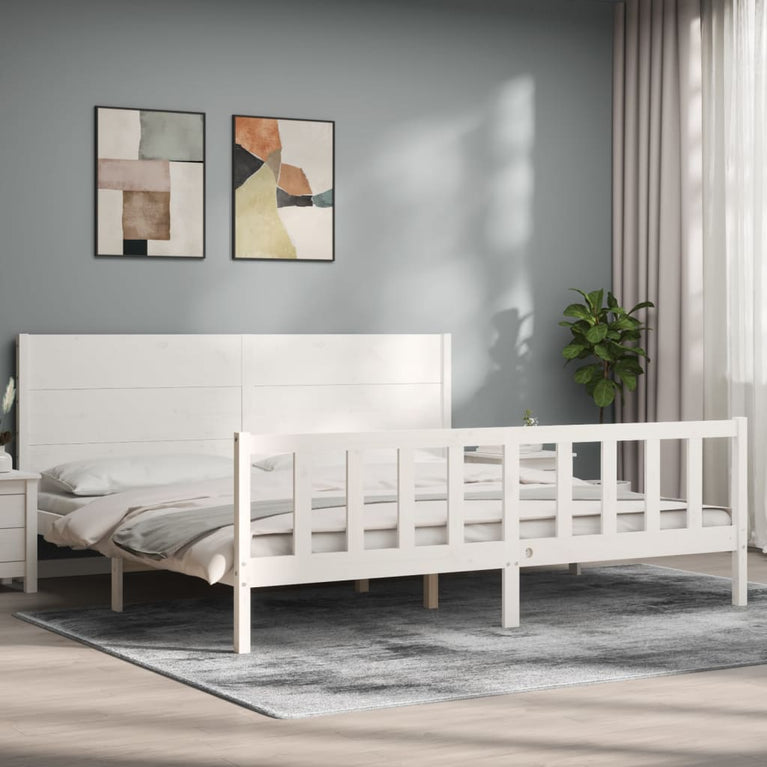 Bedframe met hoofdbord massief hout wit Super King Size