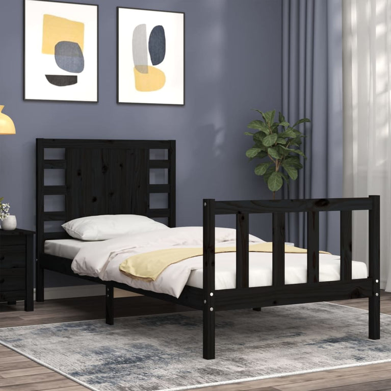 Bedframe met hoofdbord massief hout zwart 3FT Single