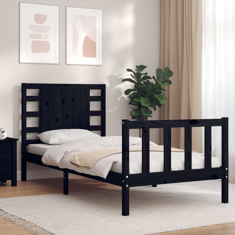 Bedframe met hoofdbord massief hout zwart 3FT Single