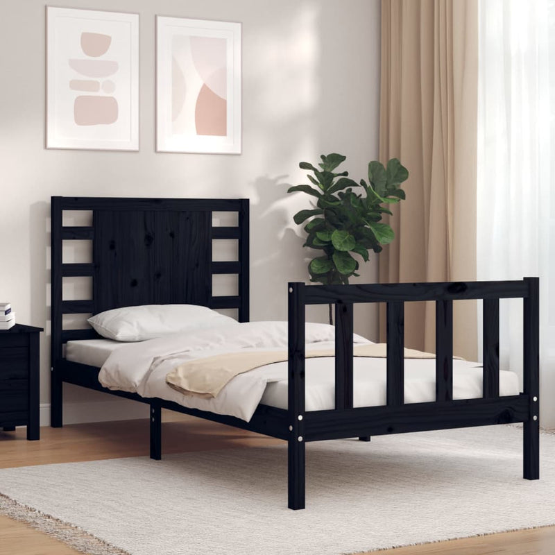 Bedframe met hoofdbord massief hout zwart 3FT Single
