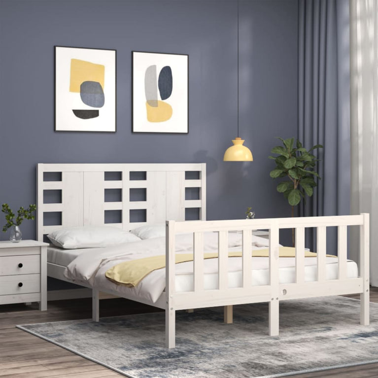 Bedframe met hoofdbord massief hout wit 140x190 cm