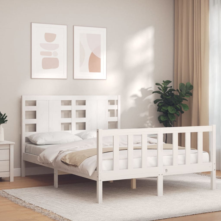 Bedframe met hoofdbord massief hout wit 140x190 cm