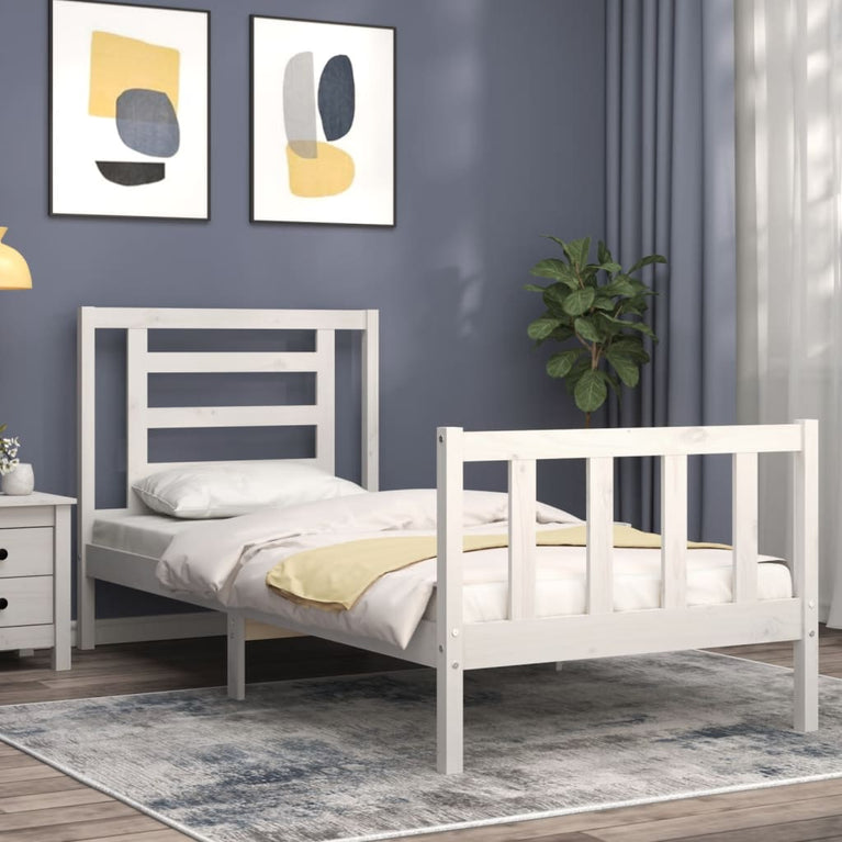 Bedframe met hoofdbord massief hout wit 3FT Single