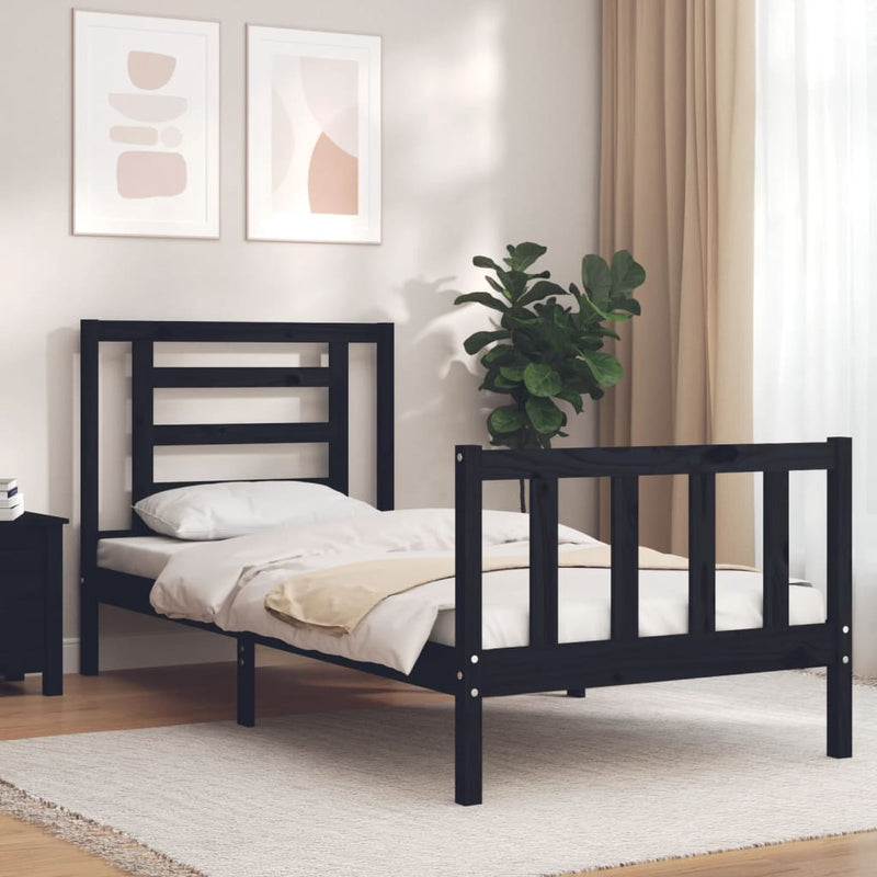Bedframe met hoofdbord massief hout zwart 3FT Single