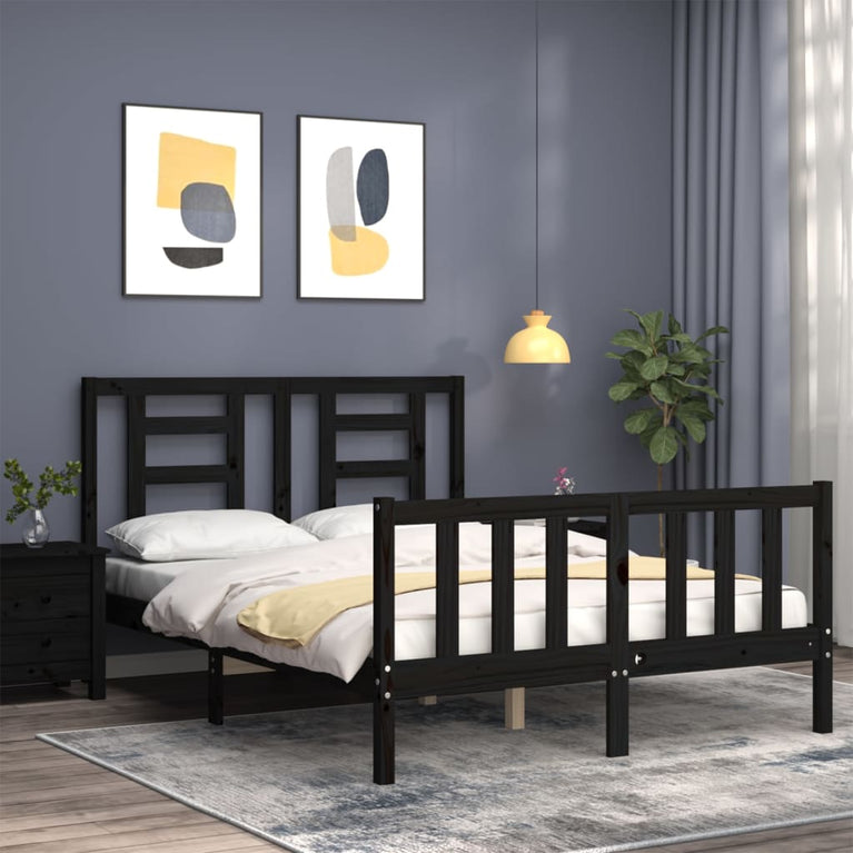 Bedframe met hoofdbord massief hout zwart 4FT6 Double