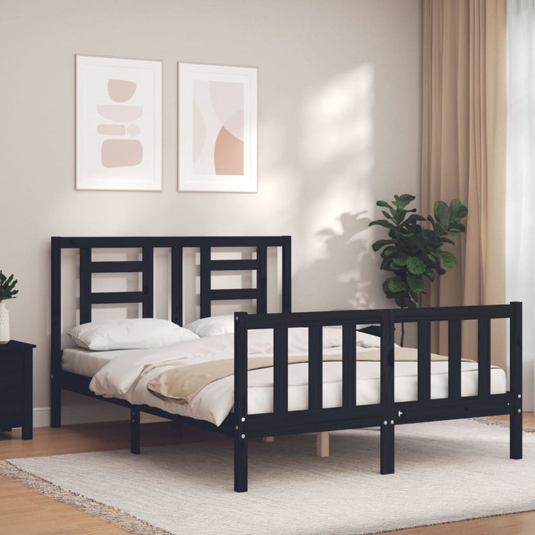 Bedframe met hoofdbord massief hout zwart 4FT6 Double