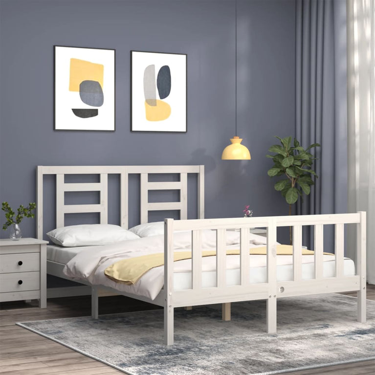Bedframe met hoofdbord massief hout wit 140x190 cm