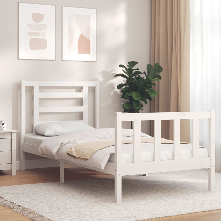 Bedframe met hoofdbord massief hout wit 90x200 cm