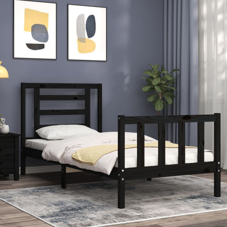 Bedframe met hoofdbord massief hout zwart 100x200 cm