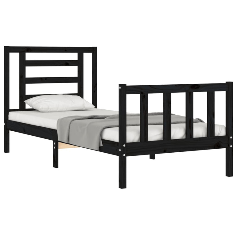 Bedframe met hoofdbord massief hout zwart 100x200 cm
