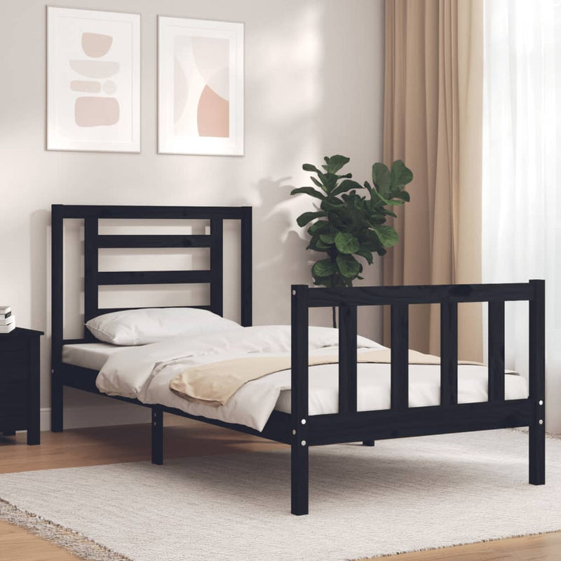 Bedframe met hoofdbord massief hout zwart 100x200 cm
