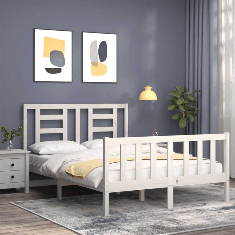 Bedframe met hoofdbord massief hout wit 120x200 cm