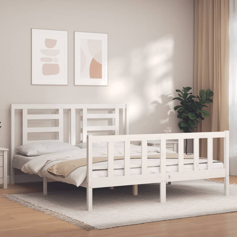 Bedframe met hoofdbord massief hout wit 5 FT King Size