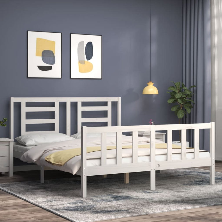 Bedframe met hoofdbord massief hout wit 160x200 cm
