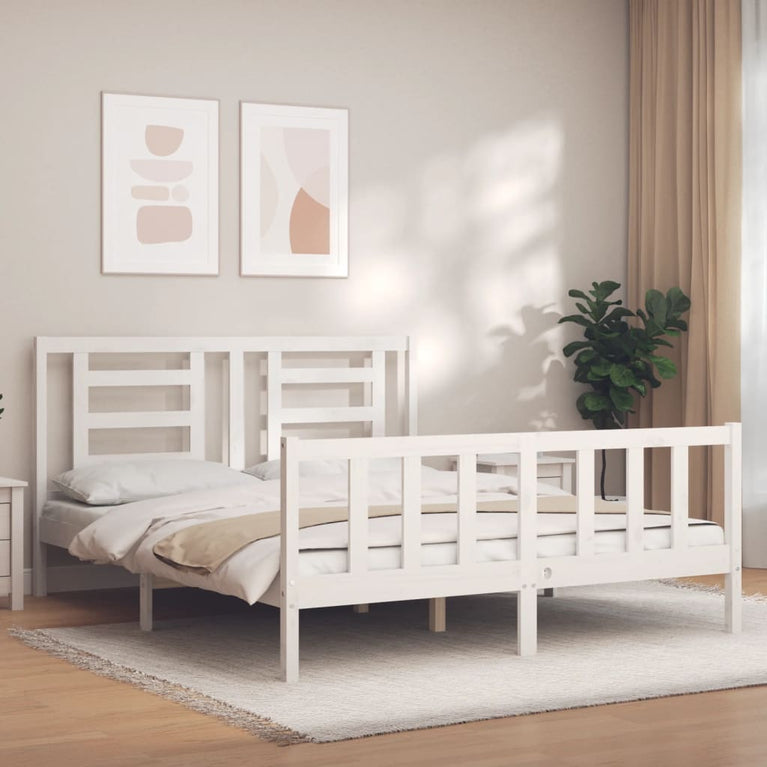 Bedframe met hoofdbord massief hout wit 160x200 cm