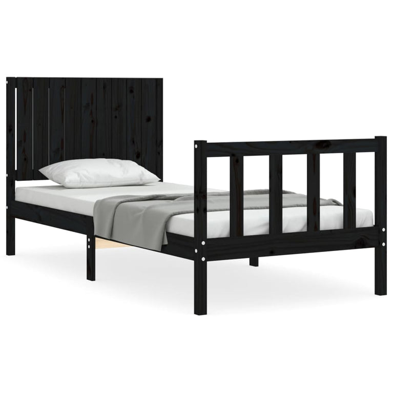 Bedframe met hoofdbord massief hout zwart 3FT Single