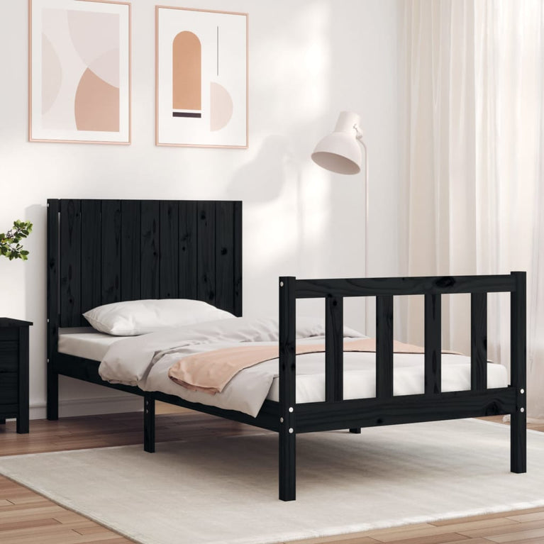 Bedframe met hoofdbord massief hout zwart 3FT Single