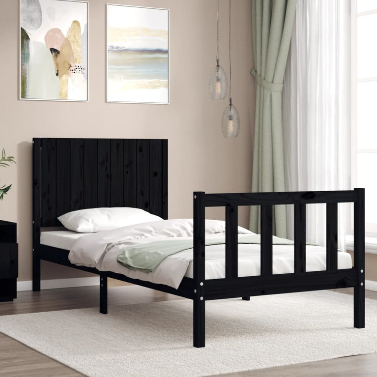 Bedframe met hoofdbord massief hout zwart 3FT Single