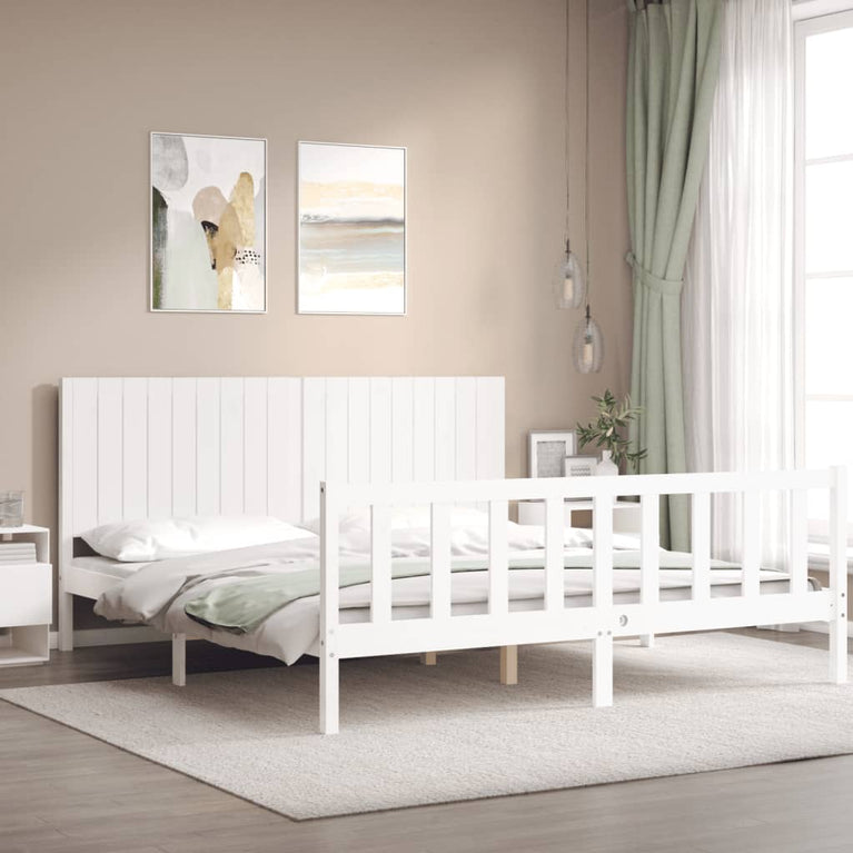 Bedframe met hoofdbord massief hout wit Super King Size