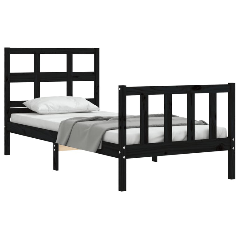 Bedframe met hoofdbord massief hout zwart 3FT Single