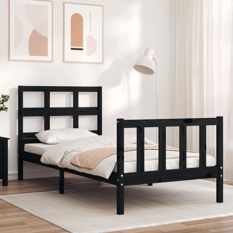 Bedframe met hoofdbord massief hout zwart 3FT Single