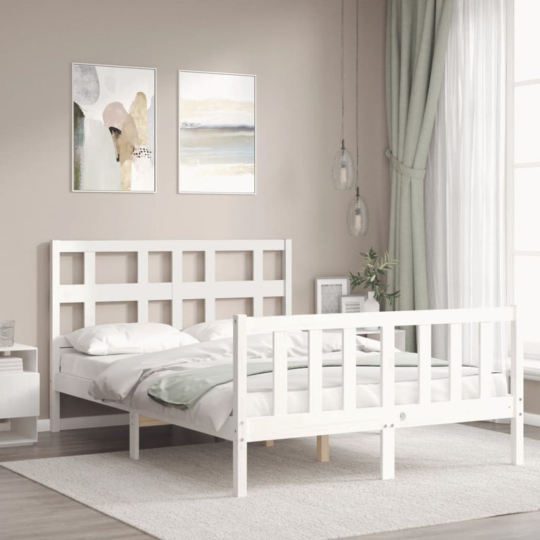 Bedframe met hoofdbord massief hout wit 140x190 cm