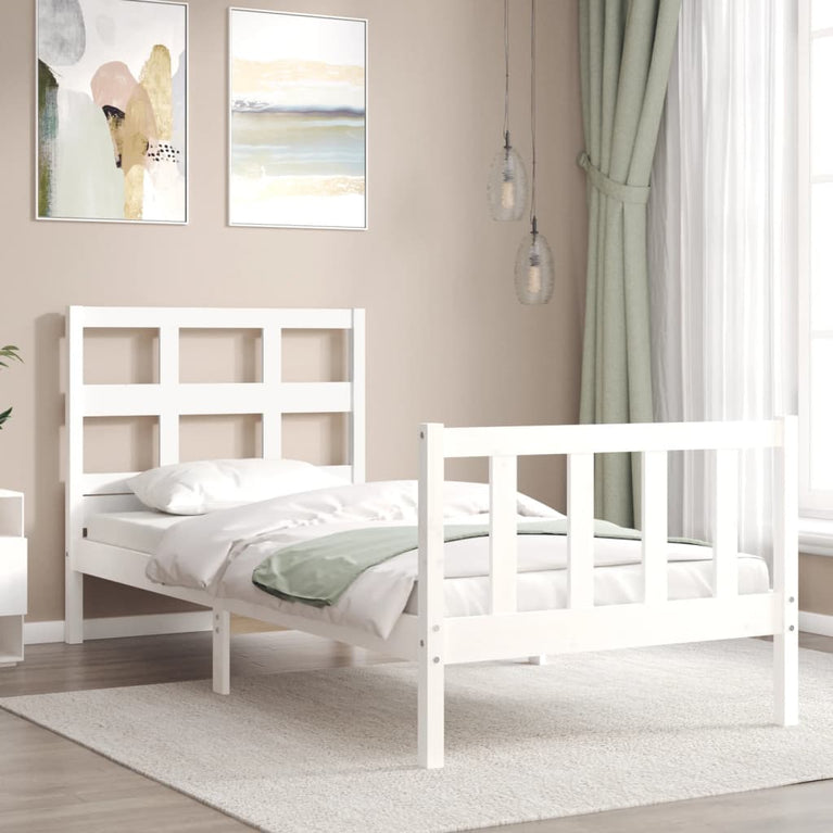 Bedframe met hoofdbord massief hout wit 90x200 cm