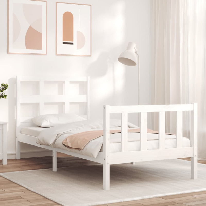 Bedframe met hoofdbord massief hout wit 90x200 cm