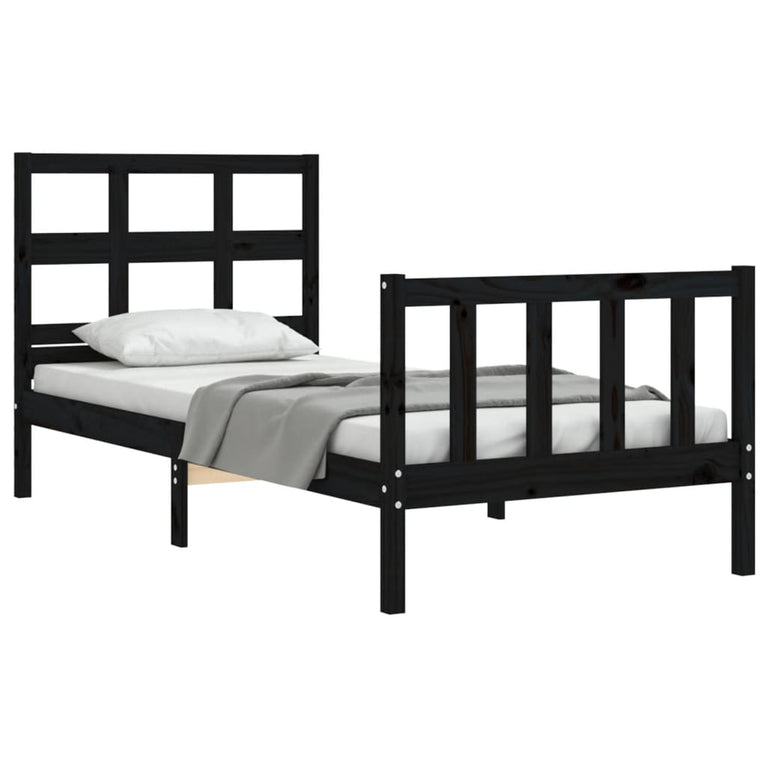 Bedframe met hoofdbord massief hout zwart 100x200 cm