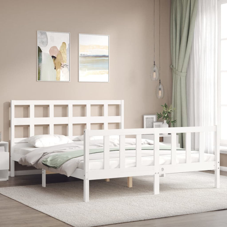 Bedframe met hoofdbord massief hout wit 160x200 cm