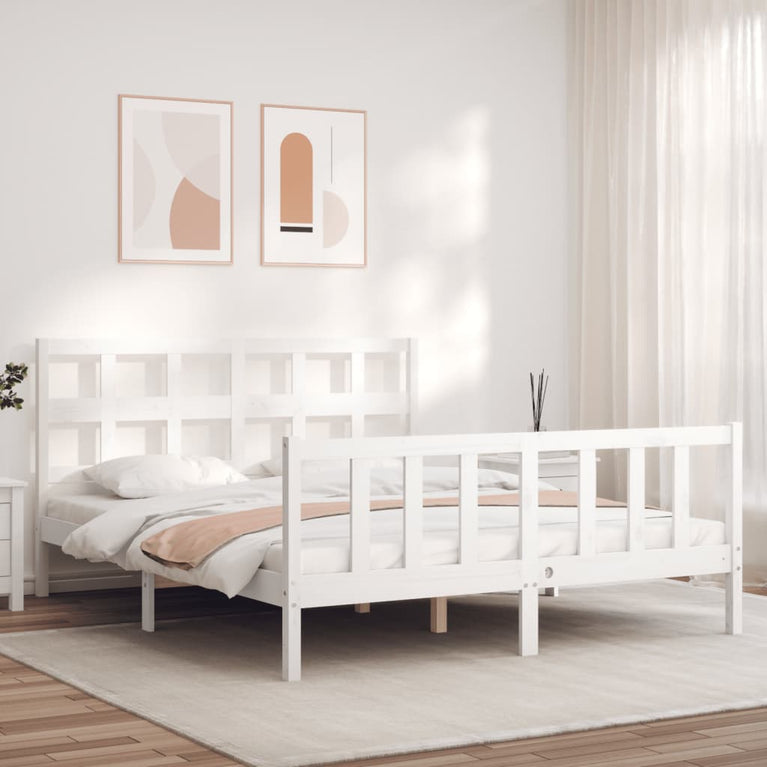 Bedframe met hoofdbord massief hout wit 160x200 cm