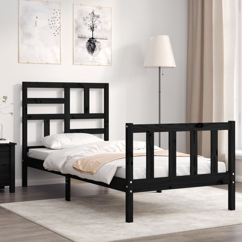 Bedframe met hoofdbord massief hout zwart 3FT Single