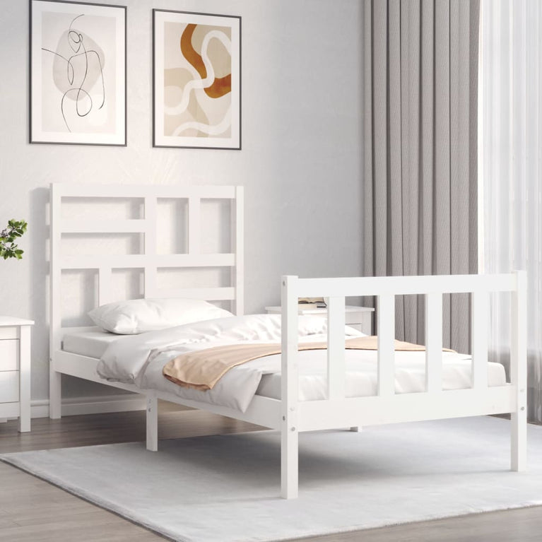 Bedframe met hoofdbord massief hout wit 90x200 cm