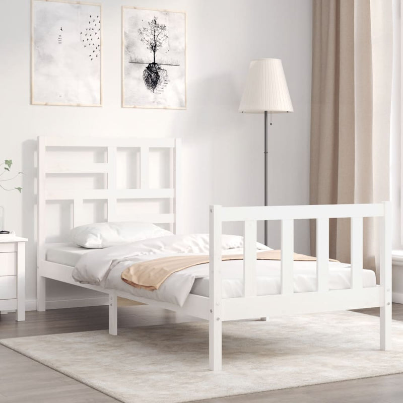 Bedframe met hoofdbord massief hout wit 90x200 cm
