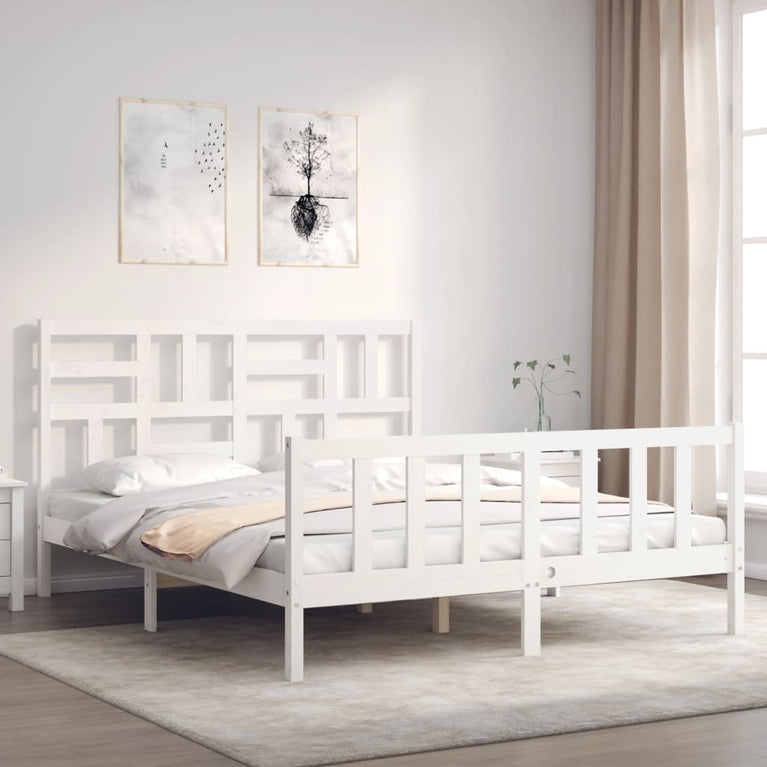Bedframe met hoofdbord massief hout wit 160x200 cm
