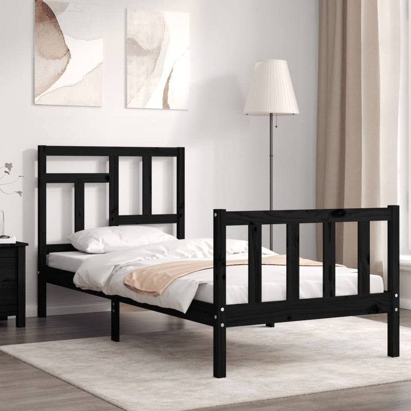 Bedframe met hoofdbord massief hout zwart 3FT Single